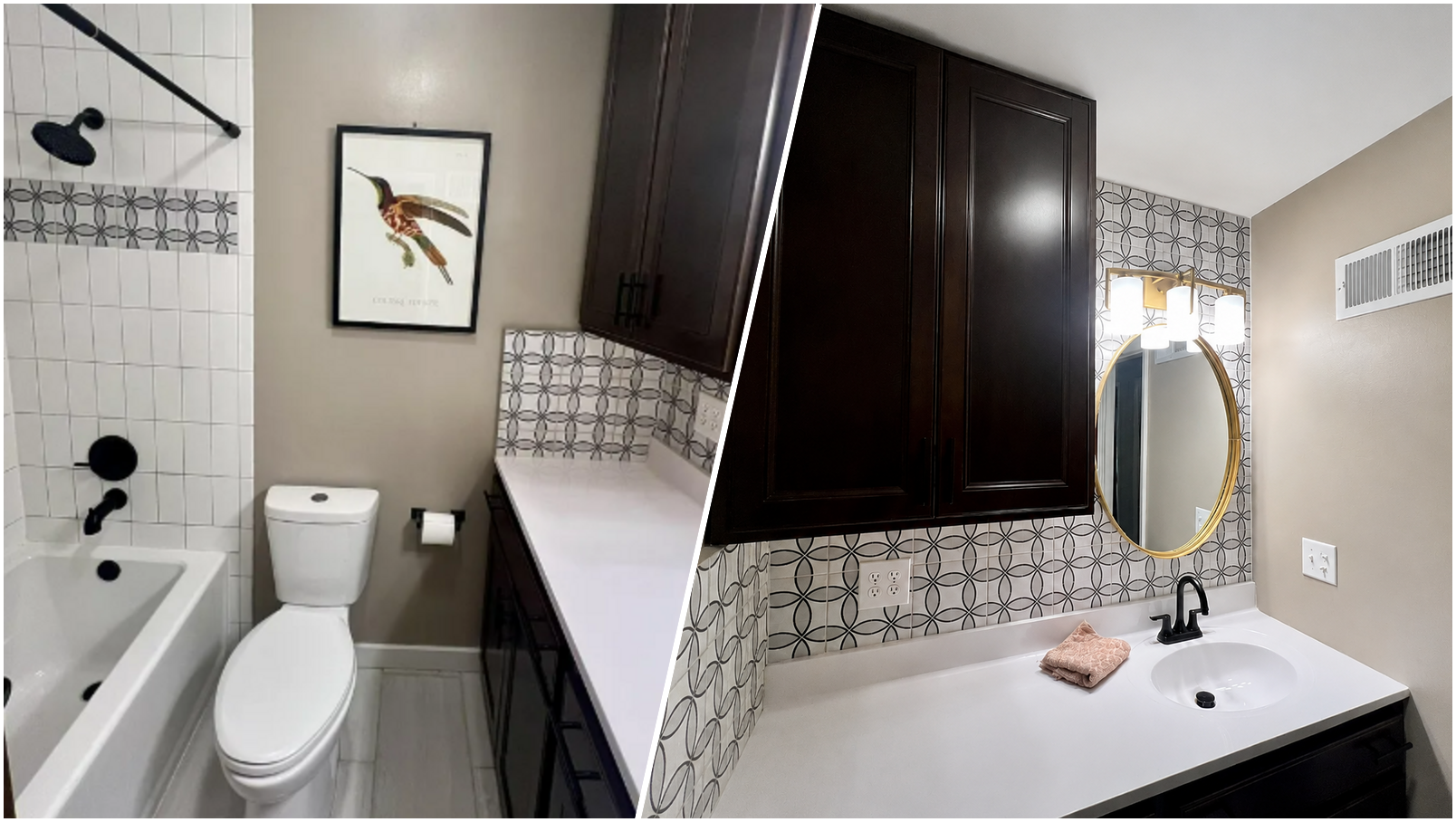 Two diagonal split-screen views of the Blackhawk guest bathroom after renovation