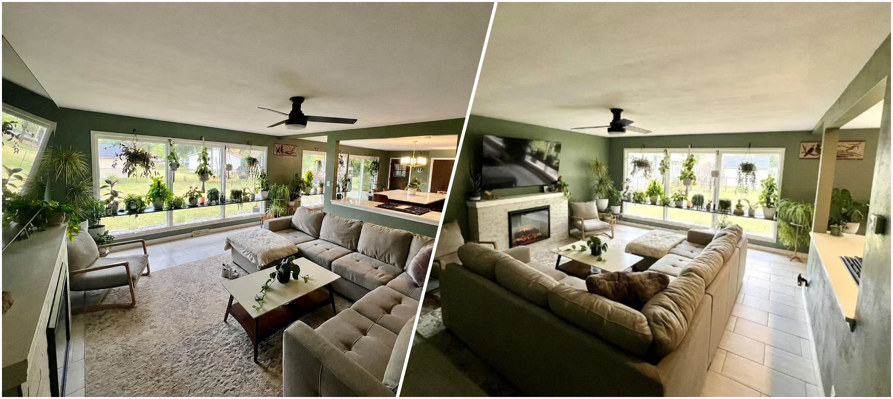 Diagonal split-screen views of the Blackhawk living room and fireplace after renovation